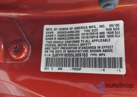 2005 Honda Element Lx from USA, damaged, VIN 5J6YH18355L009163